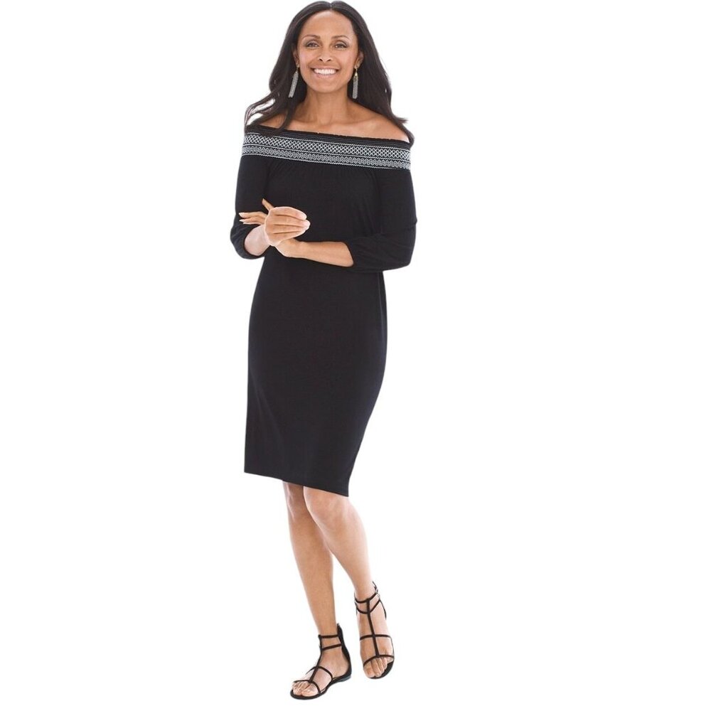 Chicos Dress Womens Size 1/M Black Shirred Stretchy Work Office Capsule Minimal